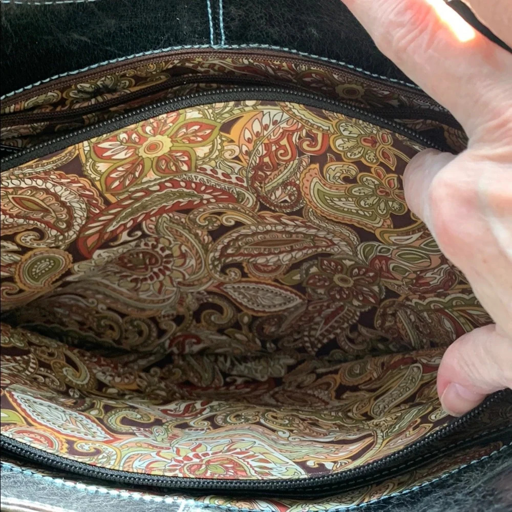 Nordstrom Black Leather Blue Stitching Casual Tote Bag Paisley Lining Lg Pockets - Picture 8 of 14